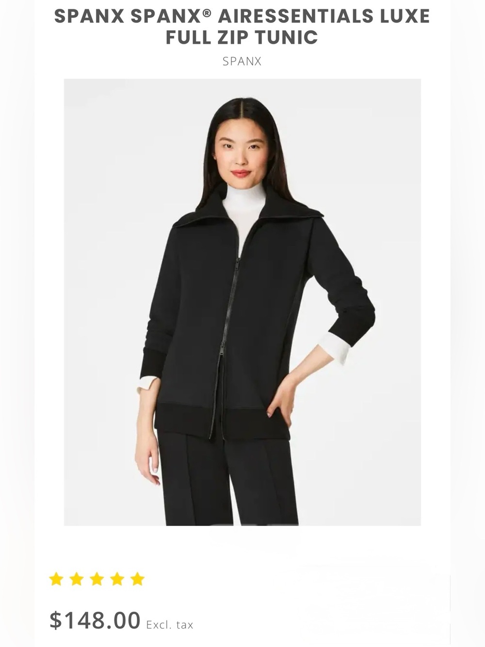 NWT SPANX Black Air  Luxe Full Zip Tunic - size M